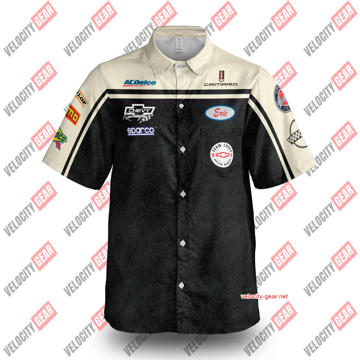 Chevy Mechanic Style Shirt β Creme & Grey Denim Simulation Pit Crew Button Down