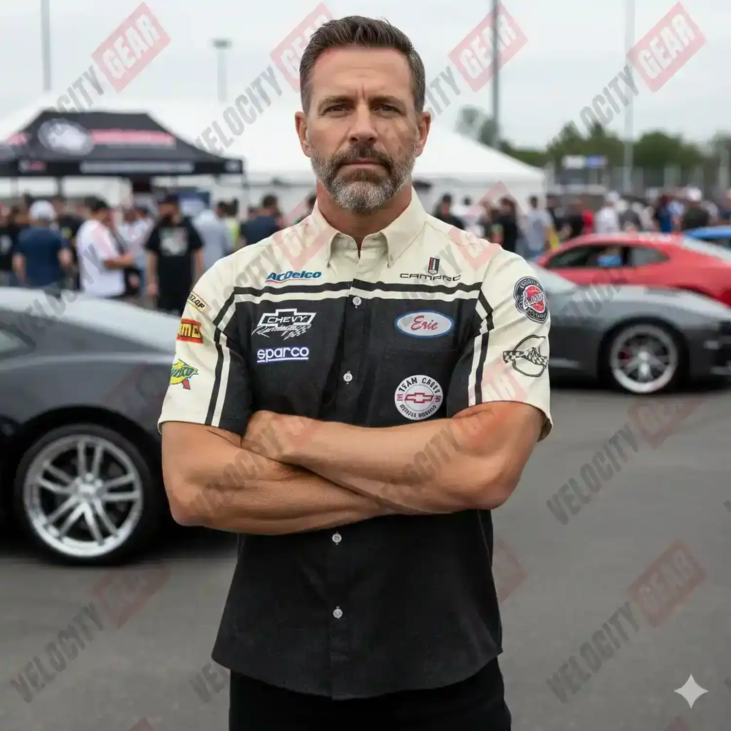 Chevy Mechanic Style Shirt β Creme & Grey Denim Simulation Pit Crew Button Down alternate view