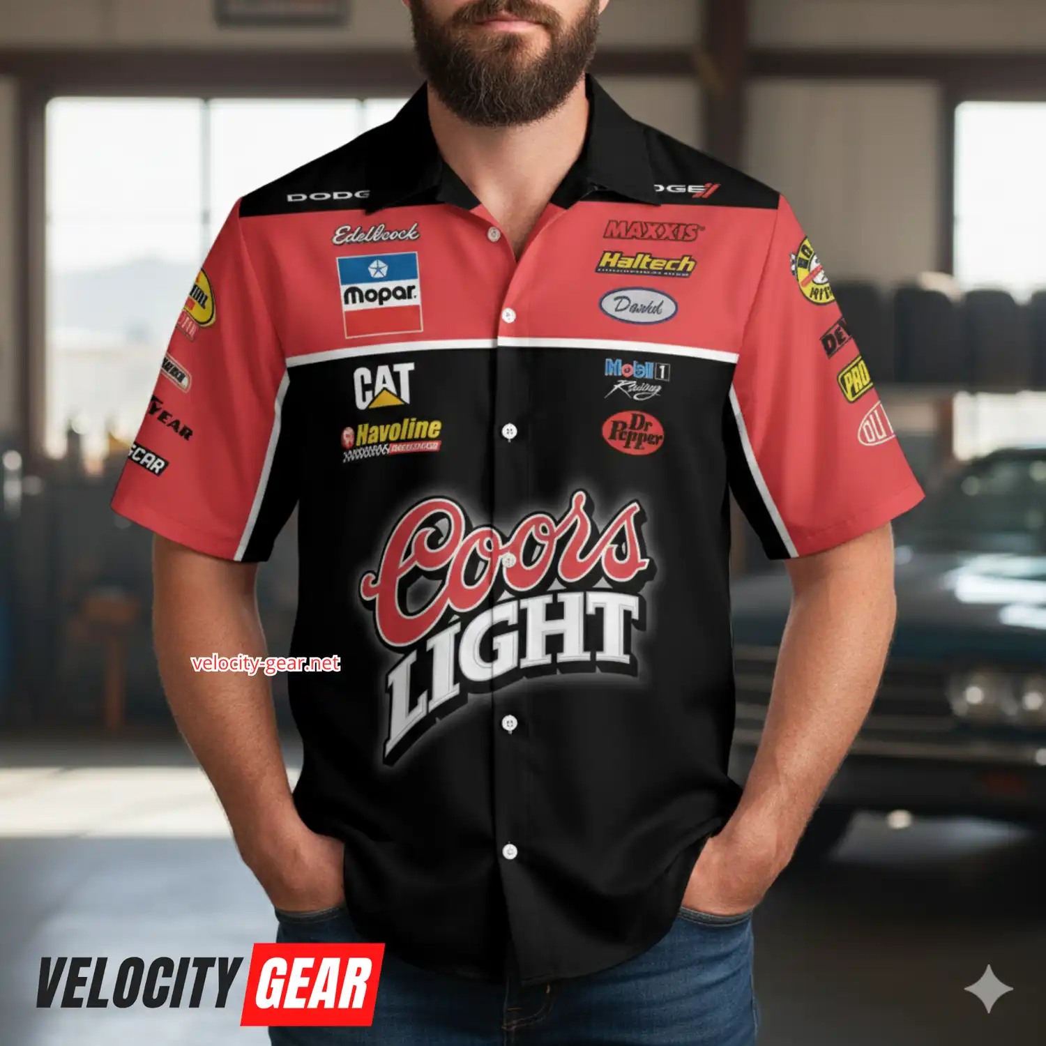 Custom Chrysler Racing Pit Crew Shirt β Coors Light Sponsor β Black & Red Button Down alternate view