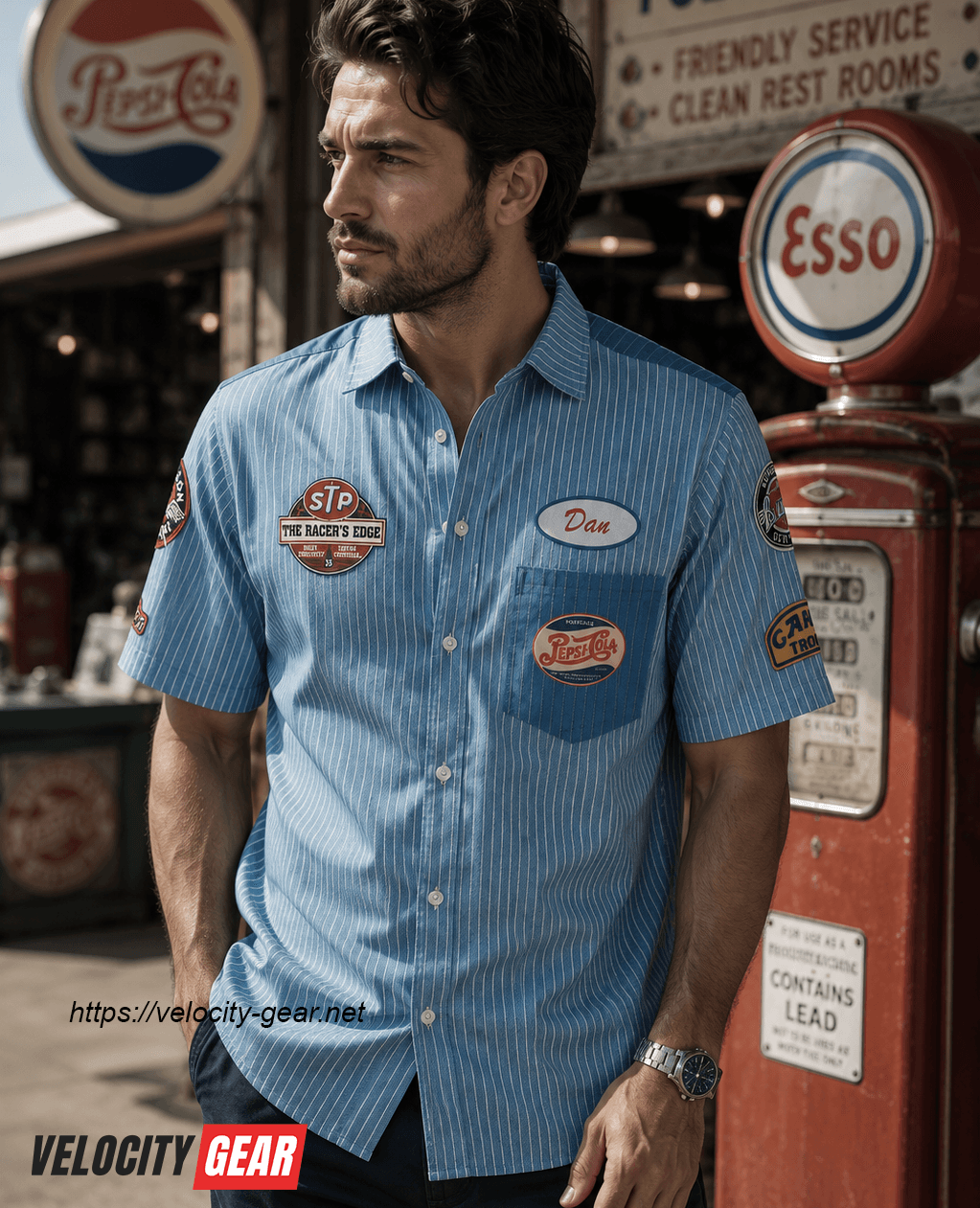 Old Style Mechanic Denim Simulation button-down lightweight shirt alternate view